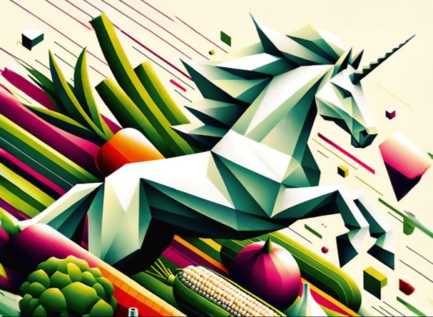 Stilisiertes Einhorn vor versch. Lebensmitteln